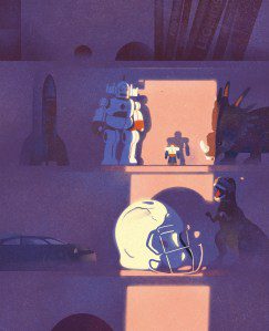 An illustration of a dented football helmet in a child's room.