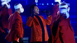 TAMPA, FLORIDA - FEBRUARY 07: The Weeknd performs during the Pepsi Super Bowl LV Halftime Show at Raymond James Stadium on February 07, 2021 in Tampa, Florida. (Photo by Mike Ehrmann/Getty Images)