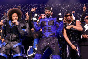 LAS VEGAS, NEVADA - FEBRUARY 11: (L-R) Ludacris, Usher, and Lil Jon perform onstage during the Apple Music Super Bowl LVIII Halftime Show at Allegiant Stadium on February 11, 2024 in Las Vegas, Nevada. (Photo by Kevin Mazur/Getty Images for Roc Nation)