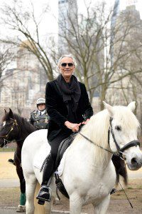 Andrea Bocelli arrives in New York City on horseback to celebrate Trinity Broadcasting Networks' premiere of THE JOURNEY: A Music Special on March 23, 2023 in New York City.