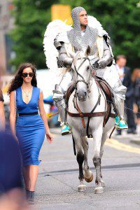 Robbie Williams and Kaya Scodelario are seen while he riding a horse for his music video 'Candy' on August 17, 2012 in London, United Kingdom.