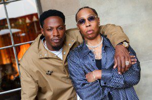 Joey Bada$$ and Lena Waithe attend the House of Creed Celebrates Creative Artists at Intimate Dinner during BET Weekend at the Chateau Marmont on June 28, 2024 in Los Angeles, CA.