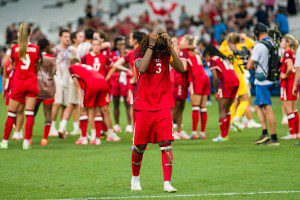 MARSEILLE, FRANCE - AUGUST 3: Kadeisha Buchanan of Team Canada reacts after the defeat by Team Germany during the Women's Quarterfinal match between Team Canada and Team Germany during the Olympic Games Paris 2024 at Stade de Marseille on August 3, 2024 in Marseille, France. (Photo by Marcio Machado/Eurasia Sport Images/Getty Images)