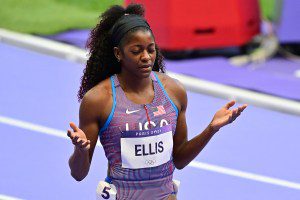 US' Kendall Ellis prepares to compete in the women's 400m heat of the athletics event at the Paris 2024 Olympic Games at Stade de France in Saint-Denis, north of Paris, on August 5, 2024. (Photo by Martin  BERNETTI / AFP) (Photo by MARTIN  BERNETTI/AFP via Getty Images)