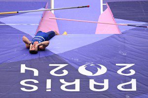 France's Anthony Ammirati reacts as he competes in the men's pole vault qualification of the athletics event at the Paris 2024 Olympic Games at Stade de France in Saint-Denis, north of Paris, on August 3, 2024. (Photo by Kirill KUDRYAVTSEV / AFP) (Photo by KIRILL KUDRYAVTSEV/AFP via Getty Images)