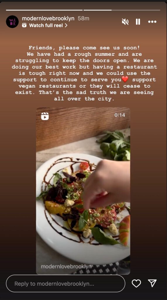 NYC vegan restaurant Modern Love “struggling to keep the doors open”