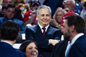 UNITED STATES - JULY 15: David Sacks, a venture capitalist, and Sen. JD Vance, R-Ohio, right, vice presidential nominee, are seen in Fiserv Forum on the first day of Republican National Convention in Milwaukee, Wis., on Monday, July 15, 2024. (Tom Williams/CQ-Roll Call, Inc via Getty Images)