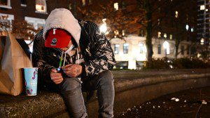 A person is using fentanyl on Park Avenue following the decriminalisation of all drugs in downtown Portland, Oregon on January 23, 2024. Since hard drugs were decriminalised in Oregon three years ago, there are no arrests, just a fine and a card with a telephone number where the user can get help. In February 2021, possession and use of all drugs -- including cocaine, heroin, ecstasy and fentanyl -- was decriminalised in the western state. Sale and production remains punishable. (Photo by Patrick T. Fallon / AFP) (Photo by PATRICK T. FALLON/AFP via Getty Images)