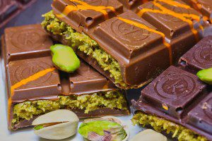 Dubai pistachio kunafa chocolate bars are displayed in Maple, Ontario, Canada, on May 11, 2025. The Dubai Pistachio Kunafa (kadayif) Chocolate combines creamy milk chocolate, crunchy kunafa, and rich pistachios. (Photo by Creative Touch Imaging Ltd./NurPhoto via Getty Images)