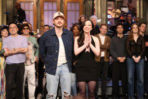 SATURDAY NIGHT LIVE -- Episode 1879 -- Pictured: (l-r) Musical guest Morgan Wallen and host Mikey Madison during Goodnights & Credits on Saturday, March 29, 2025 -- (Photo by: Will Heath/NBC via Getty Images)