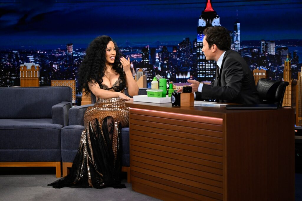 THE TONIGHT SHOW STARRING JIMMY FALLON -- Episode 2271 -- Pictured: (l-r) Rapper Cardi B during an interview with host Jimmy Fallon on Tuesday, March 24, 2026 -- (Photo by: Todd Owyoung/NBC via Getty Images)